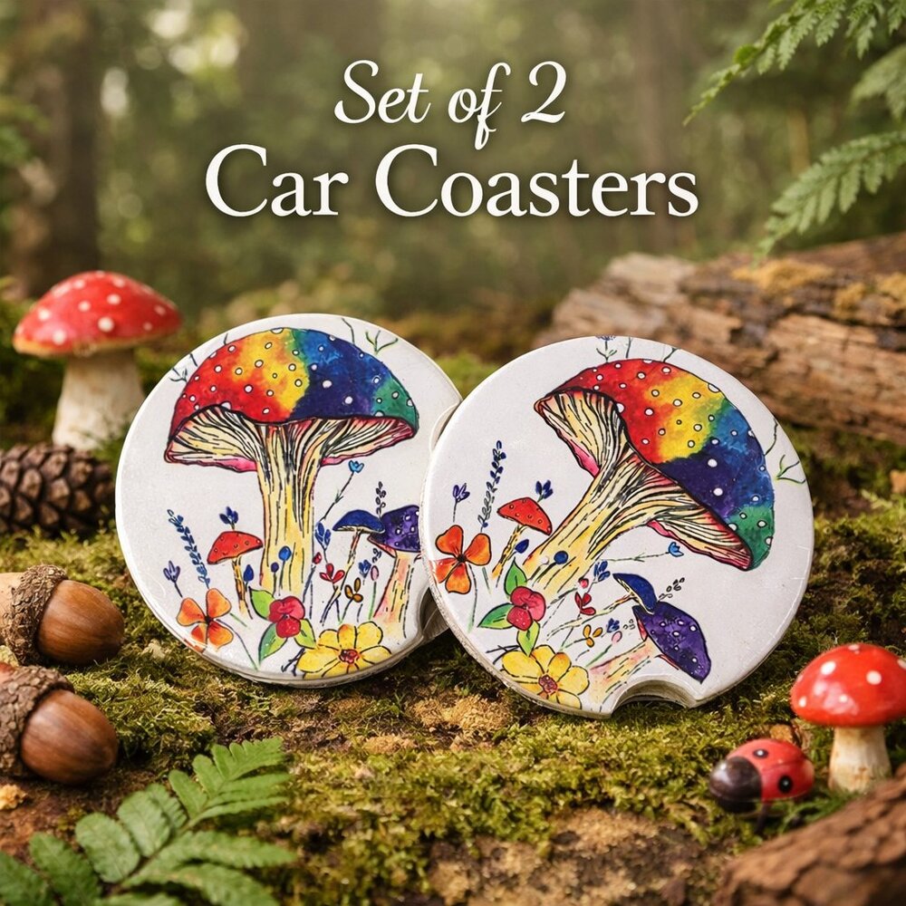 Mushroom Car Coaster Set of 2 | Colorful Absorbent Cup Holder Coasters